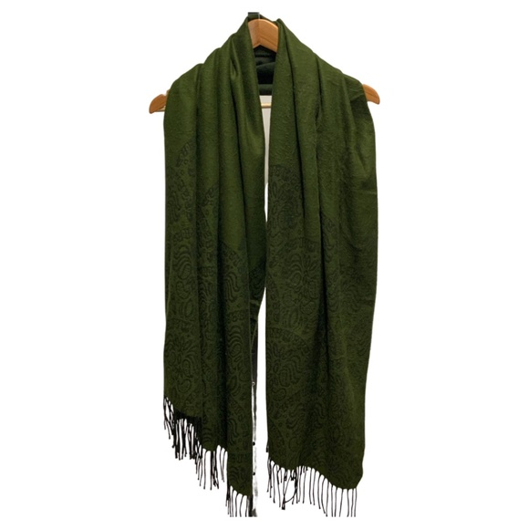 Olive Green & Black Print Scarf with Fringe - Picture 1 of 8